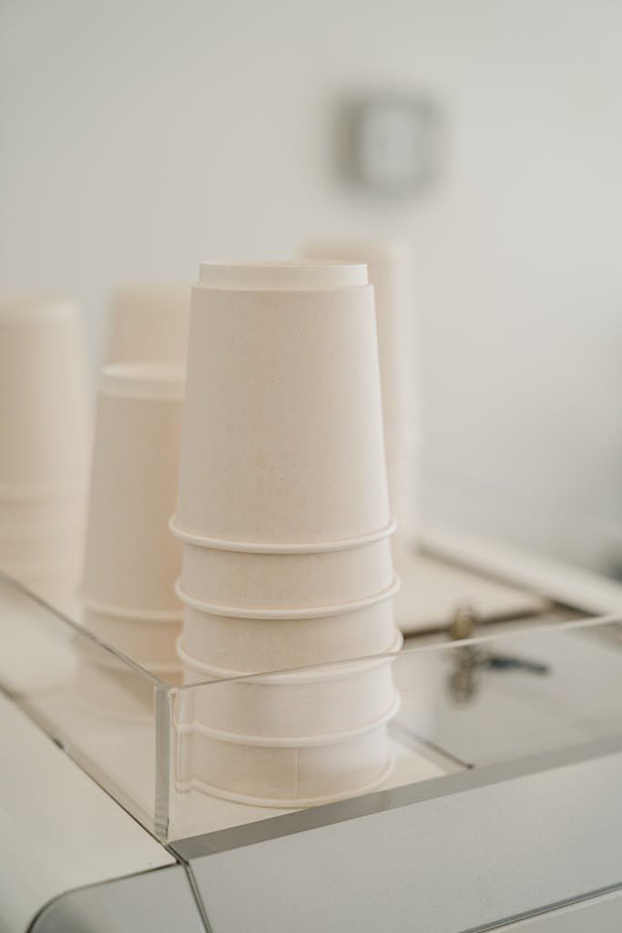 Set of various white paper cups placed on coffee machine in modern cafe